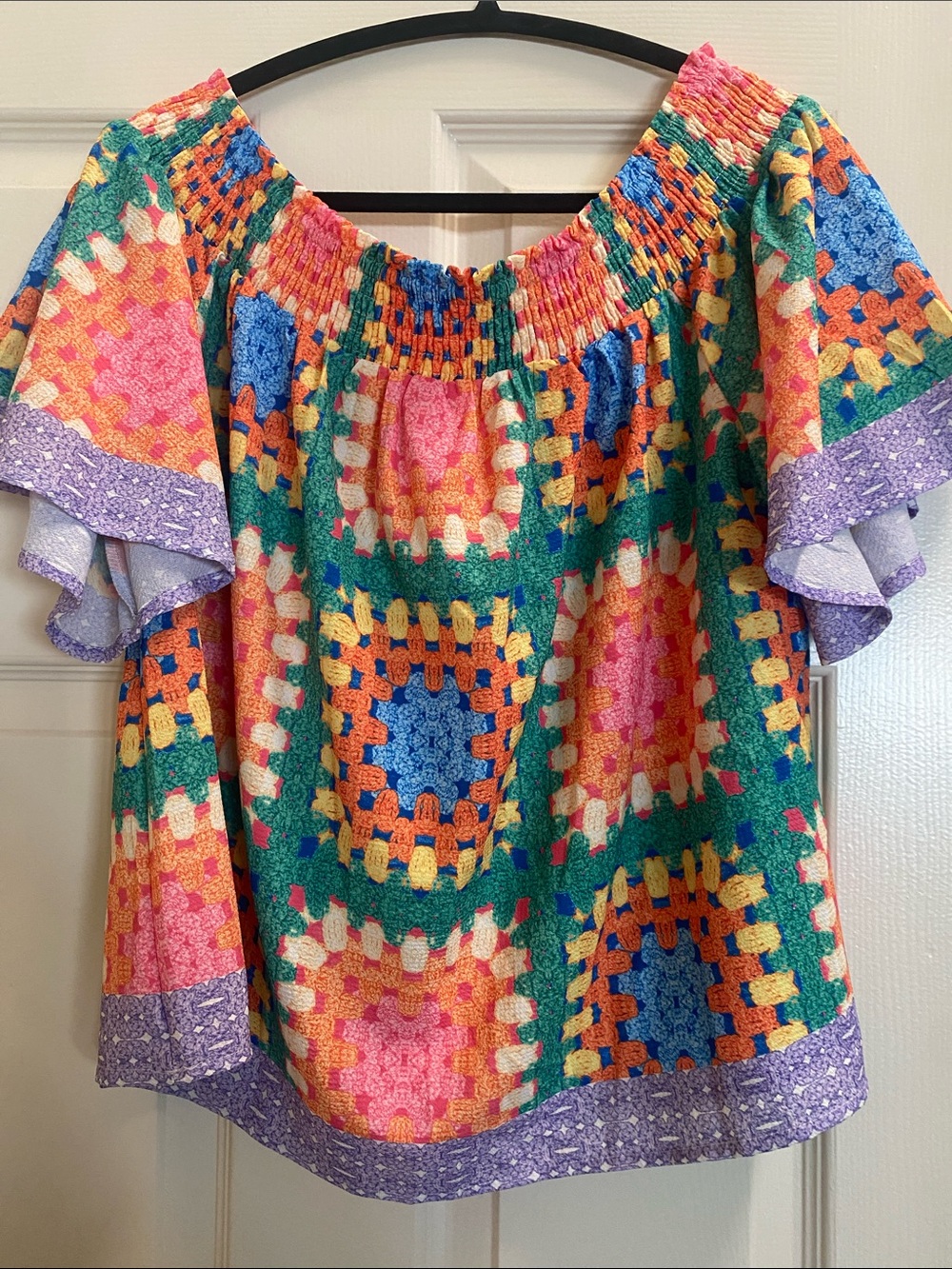 Flying Tomato Multicolor Crochet-Print Off-Shoulder Top